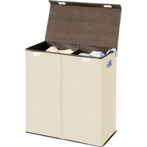 image:imagemDesign Extra Large Divided Laundry Hamper Basket with Removable Lid BuiltIn Handles  Portable and Foldable for Compact Storage  Chrome Handles  CreamEspresso Brown