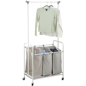 image:imagemDesign Laundry Cart and Rail  Portable Triple Laundry Hamper for Dirty Clothes Clean Clothes Ironing  Garment Rail for Hanging Clothes  GreyWhite