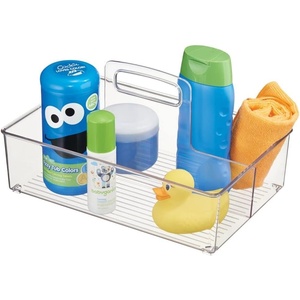 image:imagemDesign Nursery Plastic Storage Caddy Divided Bin  Utility Tote with Handle Holds Bottles Spoons Bibs Pacifiers Diapers Wipes Baby Lotion  2 Sections BPA Free Medium  Clear