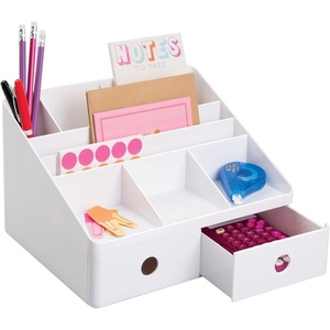 image:imagemDesign Plastic Home Office Storage Bin Desk Organizer for Desktops Tables Work Spaces  Holds Scissors Pens Markers Highlighters Tape Folders Note Pads Supplies  2 Drawers  White
