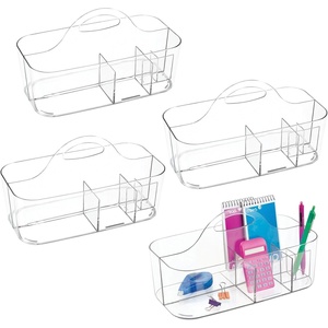 image:imagemDesign Plastic Office Storage Organizer Caddy Tote with Handle for Cabinet Countertop Desk Workspace  Holds Pens Colored Pencils Washi Tape Notebooks  Lumiere Collection 4 Pack  Clear