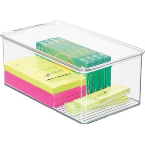 image:imagemDesign Plastic Stackable Home Office Storage Organizer Box with Hinge Lid  Holder Container Bin for Note Pads Gel Pens Staples Dry Erase Markers Tape Supplies  Lumiere Collection  Clear1275 x 725 x 5 Pack of 1