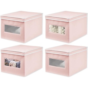 image:imagemDesign Soft Stackable Fabric Closet Storage Organizer Holder Box Bin with Clear Window Attached Hinged Lid  Bedroom Hallway Entryway Bathroom  Large  4 Pack PinkWhite