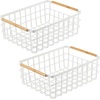 image:imagemDesign Metal Wire Storage Organizer Basket with Bamboo Wood Handles for Kitchen Pantry Rustic Farmhouse Bin to Store Fruit Coffee Spices Supplies 2 Pack Matte WhiteNaturalTan