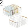 image:imagemDesign Metal Wire Storage Organizer Basket with Bamboo Wood Handles for Kitchen Pantry Rustic Farmhouse Bin to Store Fruit Coffee Spices Supplies 2 Pack Matte WhiteNaturalTan