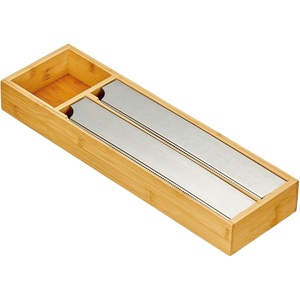 image:imagemDesign Bamboo Foil Parchment Paper and Plastic Cling Film Wrap Organizer and DispenserCutter for Kitchen Drawer  2 Roll StorageCutting Sections  Home Sort Collection  NaturalSilver