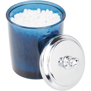 image:imagemDesign Bathroom Vanity Storage Organizer Apothecary Canister Jar for Cotton Balls Swabs Makeup Sponges Bath Salts Hair Ties Jewelry  Dark BlueChrome Lid