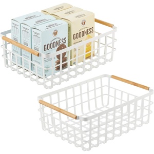 image:imagemDesign Metal Wire Storage Organizer Basket with Bamboo Wood Handles for Kitchen Pantry Rustic Farmhouse Bin to Store Fruit Coffee Spices Supplies 2 Pack Matte WhiteNaturalTan