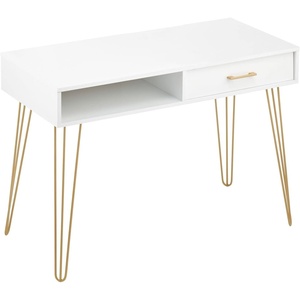 image:imagemDesign MetalWood Modern Minimalist Computer Desk  Computer Table with Drawer with Storage Cubby and Hairpin Legs  Small Work Desk for Home Office Study  WhiteSoft Brass