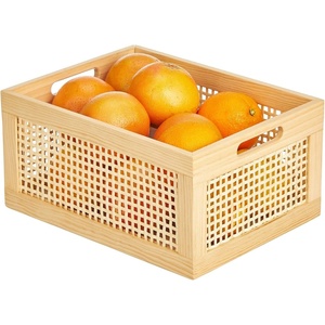 image:imagemDesign Small Decorative Wooden Crate Storage Box Rustic Pine Wood Organizer Bin Basket wBuiltIn Handles for Kitchen Pantry Cupboard Cabinet or Counter  Home Sort Collection  Natural Pine