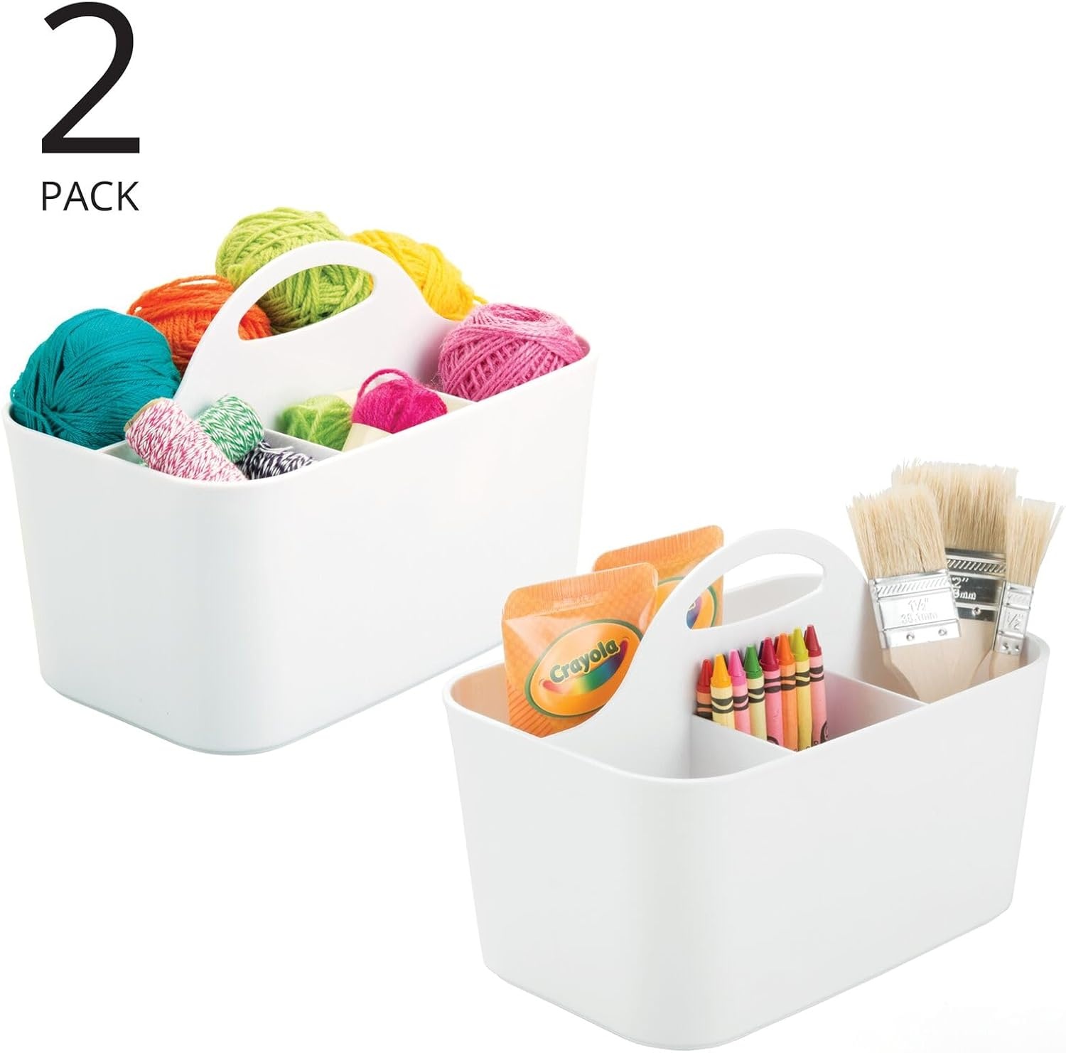 image:imagemDesign Plastic Portable Craft Storage Organizer Caddy Tote Divided Basket Bin wHandle  Craft Sewing Art Supplies  Holds Brushes Colored Pencils  Lumiere Collection  White 2 PackWhite