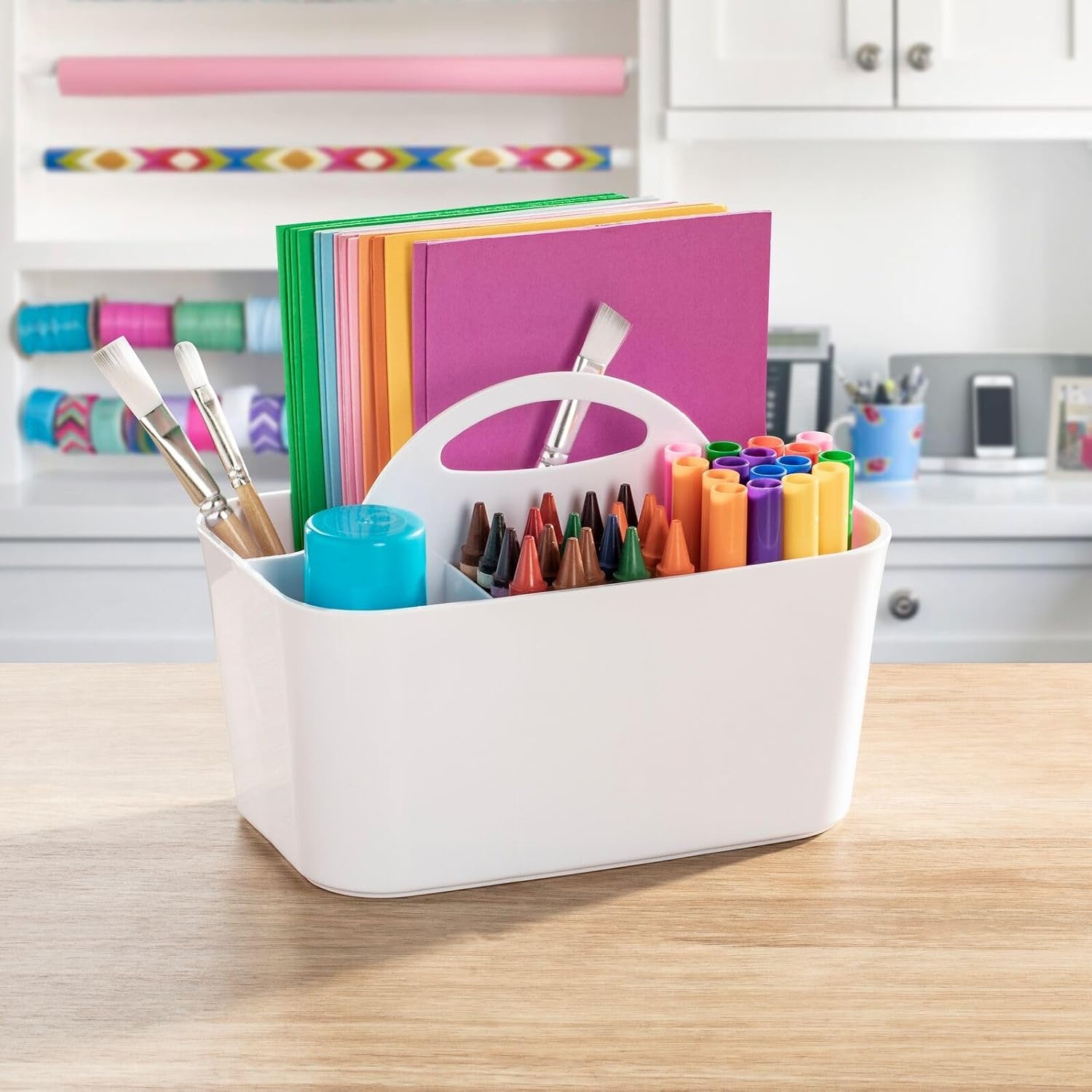 image:imagemDesign Plastic Portable Craft Storage Organizer Caddy Tote Divided Basket Bin wHandle  Craft Sewing Art Supplies  Holds Brushes Colored Pencils  Lumiere Collection  White 2 PackWhite