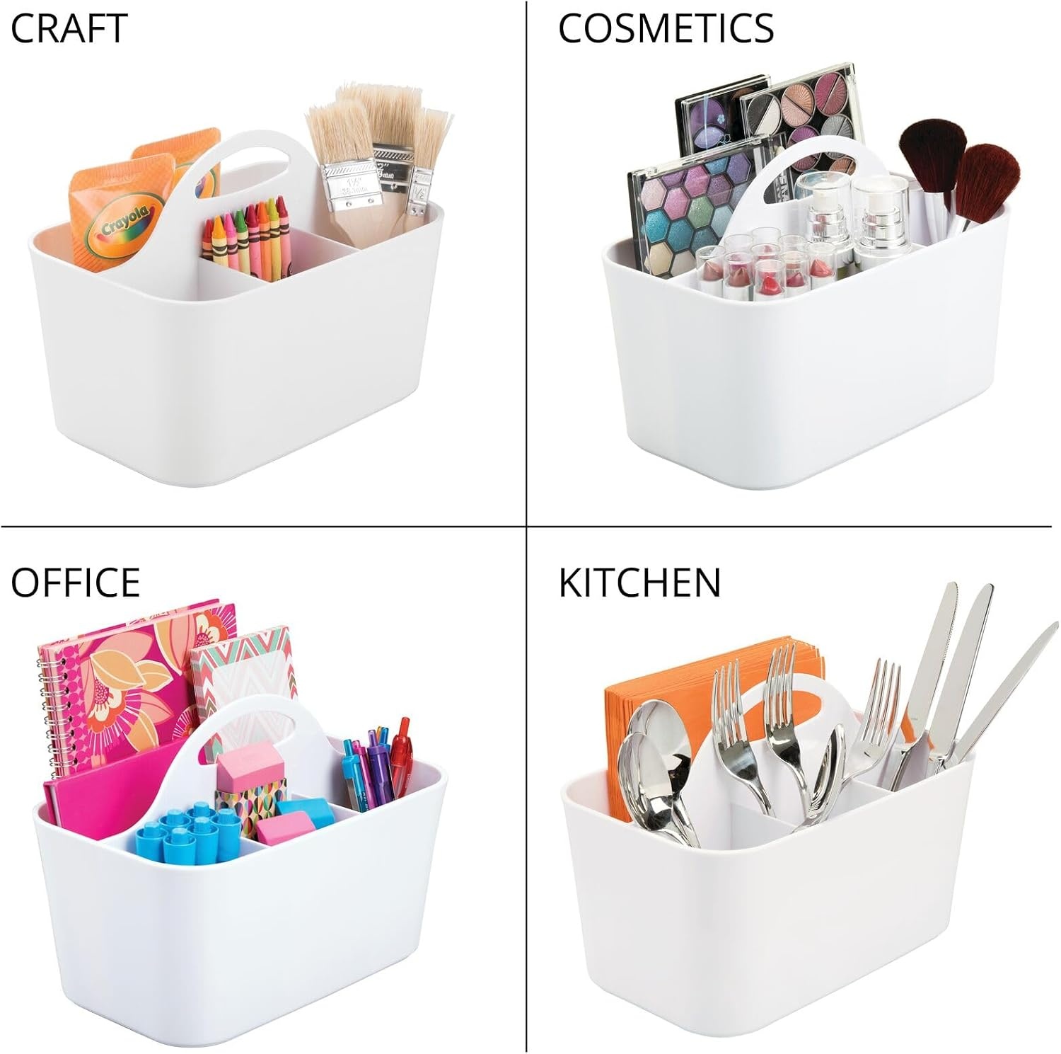 image:imagemDesign Plastic Portable Craft Storage Organizer Caddy Tote Divided Basket Bin wHandle  Craft Sewing Art Supplies  Holds Brushes Colored Pencils  Lumiere Collection  White 2 PackWhite