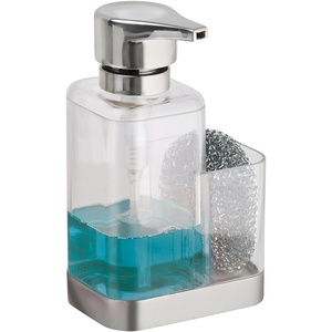 image:imagemDesign Modern Plastic Kitchen Sink Countertop Liquid Hand Soap Dispenser Pump Bottle Caddy with Storage Compartment  Holds and Stores Sponges Scrubbers and Brushes  ClearBrushedClearBrushed