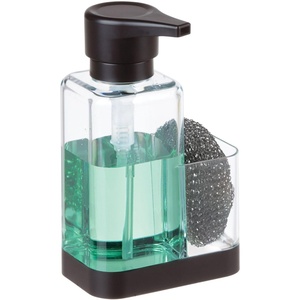 image:imagemDesign Modern Plastic Kitchen Sink Countertop Liquid Hand Soap Dispenser Pump Bottle Caddy with Storage Compartment  Holds and Stores Sponges Scrubbers and Brushes  ClearBrushedClearMatte Black