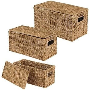 image:imagemDesign Natural Woven Seagrass Closet Storage Organizer Basket Bin with Removeable Lids to use in Closet Bedroom Bathroom Entryway Office  Set of 3  Natural Finish