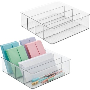 image:imagemDesign Plastic Divided Drawer Organizer Storage Bin for Home Office Desk Drawer Shelf Cabinet  4 Compartments 12 Long 2 Pack  32 Adhesive Labels  Clear