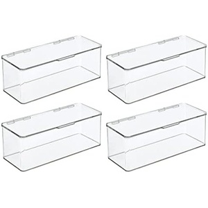 image:imagemDesign Plastic Kitchen Pantry and Fridge Storage Organizer Box Containers with Hinged Lid for Shelves or Cabinets Holds Food Snacks Canned Drinks Seasoning Condiments or Utensils 4 Pack Clear