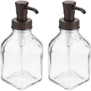 image:imagemDesign Square Glass Refillable Liquid Soap Dispenser Pump Bottle for Bathroom Vanity Countertop Kitchen Sink  Holds Hand Soap Dish Soap Hand Sanitizer Essential Oils  2 Pack  ClearBronzeClearBronze