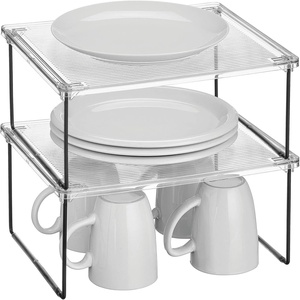image:imagemDesign Metal Stacking Storage Organization for Kitchen Cabinet Shelves in Pantry Cupboard FridgeFreezer Organizer Stand for Plates Bowls Mugs Ligne Collection 2 Pack ClearMatte Black