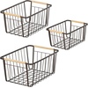 image:imagemDesign Farmhouse Decor Metal Wire Pantry Home Organizer Storage Bin Basket  for Cabinets Shelves Countertops Bathroom Bedroom Kitchen Closet  Set of 3  BronzeWood Handles