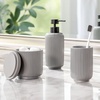 image:imagemDesign Fluted Resin 3Piece Bathroom Vanity Countertop Accessories  Soap Dispenser Tumbler Rinsing Cup and Canister Holder Sets  Complete Modern Counter Aesthetic  Set of 3  Gray
