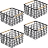 image:imagemDesign Metal Steel Wire Square Organizer Storage Basket w Bamboo Handles for Closet Shelves Holds Linens Blankets Slippers Scarves Hats Gloves  Yami Collection  4 Pack  Matte BlackNatural