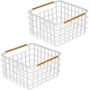 image:imagemDesign Metal Steel Wire Square Organizer Storage Basket wBamboo Handles for Closet Shelves Holds Linens Blankets Slippers Scarves Hats Gloves  Yami Collection  2 Pack  Matte WhiteNatural