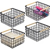 image:imagemDesign Metal Steel Wire Square Organizer Storage Basket w Bamboo Handles for Closet Shelves Holds Linens Blankets Slippers Scarves Hats Gloves  Yami Collection  4 Pack  Matte BlackNatural
