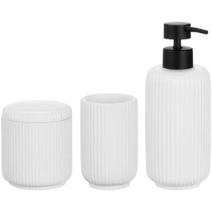 image:imagemDesign Fluted Resin 3Piece Bathroom Vanity Countertop Accessories  Soap Dispenser Tumbler Rinsing Cup and Canister Holder Sets  Complete Modern Counter Aesthetic  Set of 3  White