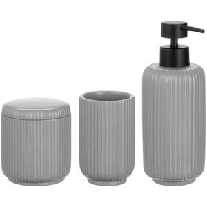 image:imagemDesign Fluted Resin 3Piece Bathroom Vanity Countertop Accessories  Soap Dispenser Tumbler Rinsing Cup and Canister Holder Sets  Complete Modern Counter Aesthetic  Set of 3  Gray