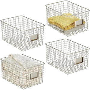image:imagemDesign Large Metal Farmhouse Storage Organizer Bin Baskets with Label Slot for Closet Cabinet Cupboard  Wire Organizing Basket Holds Clothing Linens Shoes Omaha Collection 4 Pack Satin