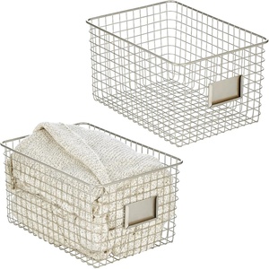 image:imagemDesign Large Metal Farmhouse Storage Organizer Bin Baskets with Label Slot for Closet Cabinet Cupboard  Wire Organizing Basket Holds Clothing Linens Shoes Omaha Collection 2 Pack Satin