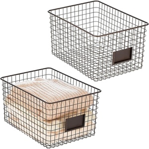 image:imagemDesign Large Metal Farmhouse Storage Organizer Bin Baskets with Label Slot for Closet Cabinet Cupboard  Wire Organizing Basket Holds Clothing Linens Shoes Omaha Collection 2 Pack Bronze