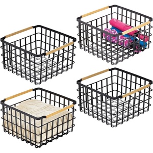 image:imagemDesign Metal Steel Wire Square Organizer Storage Basket w Bamboo Handles for Closet Shelves Holds Linens Blankets Slippers Scarves Hats Gloves  Yami Collection  4 Pack  Matte BlackNatural