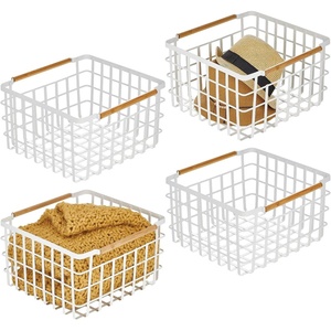 image:imagemDesign Metal Steel Wire Square Organizer Storage Basket wBamboo Handles for Closet Shelves Holds Linens Blankets Slippers Scarves Hats Gloves  Yami Collection  4 Pack  Matte WhiteNatural
