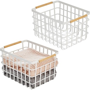 image:imagemDesign Metal Wire Closet Storage Basket Bin Organizer with Wood Handles for Bedroom Bathroom Mudroom Entryway Hallway or Linen Closet Organization  Yami Collection  2 Pack Matte WhiteNatural