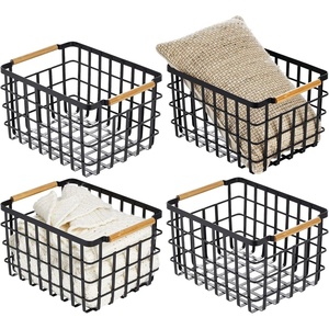 image:imagemDesign Metal Wire Closet Storage Basket Bin Organizer with Wood Handles for Bedroom Bathroom Mudroom Entryway Hallway or Linen Closet Organization  Yami Collection  4 Pack Matte BlackNatural