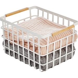 image:imagemDesign Metal Wire Closet Storage Basket Bin Organizer with Wood Handles for Bedroom Bathroom Mudroom Entryway Hallway or Linen Closet Organization  Yami Collection Matte WhiteNatural