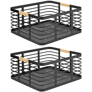 image:imagemDesign Metal Wire Rustic Farmhouse Large Food Organizer Storage Bin Basket with Bamboo Wood Handle for Kitchen Pantry Shelf Cabinet or Cupboard  2 Pack  BlackNatural