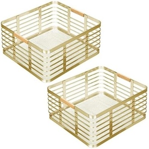 image:imagemDesign Metal Wire Rustic Farmhouse Large Food Organizer Storage Bin Basket with Bamboo Wood Handle for Kitchen Pantry Shelf Cabinet or Cupboard  2 Pack  Soft BrassNatural