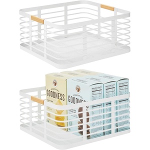 image:imagemDesign Metal Wire Rustic Farmhouse Large Food Organizer Storage Bin Basket with Bamboo Wood Handle for Kitchen Pantry Shelf Cabinet or Cupboard  2 Pack  WhiteNatural