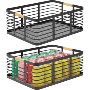 image:imagemDesign Metal Wire Rustic Farmhouse Large Food Organizer Storage Bin Basket with Bamboo Wood Handles for Kitchen Pantry Shelf Cabinet or Cupboard  2 Pack  BlackNatural
