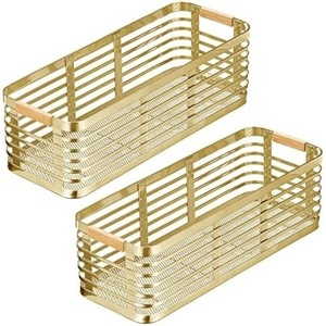 image:imagemDesign Metal Wire Rustic Farmhouse Small Food Organizer Storage Bin Basket with Bamboo Wood Handle for Kitchen Pantry Shelf Cabinet or Cupboard  2 Pack  Soft BrassNatural