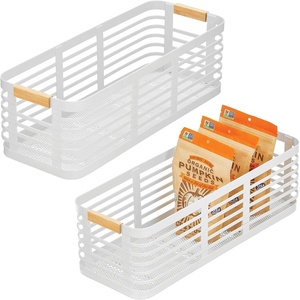 image:imagemDesign Metal Wire Rustic Small Farmhouse Food Organizer Storage Bin Basket with Bamboo Wood Handles for Kitchen Pantry Shelf Countertop Holds Fruit Snacks  2 Pack  WhiteNatural