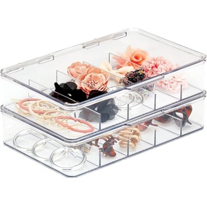 image:imagemDesign Plastic Divided Stackable Hair Makeup amp Jewelry Organizer Box with Hinge Lid for Bathroom Vanity Countertop  5 Sections  Stores Hair Clips Barrettes  Ligne Collection  2 Pack  Clear725 x 1075 x 236 Pack of 2