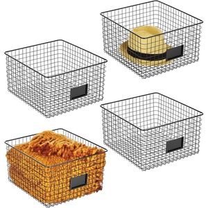 image:imagemDesign Wide Metal Farmhouse Storage Organizer Bin Baskets with Label Slot for Closet Cabinet Cupboard  Wire Organizing Basket Holds Clothing Linens Shoes Omaha Collection 4 Pack Matte Black