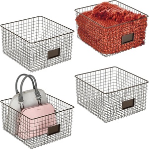 image:imagemDesign Wide Metal Farmhouse Storage Organizer Bin Baskets with Label Slot for Closet Cabinet Cupboard  Wire Organizing Basket Holds Clothing Linens Shoes Omaha Collection 4 Pack Bronze