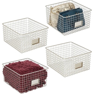 image:imagemDesign Wide Metal Farmhouse Storage Organizer Bin Baskets with Label Slot for Closet Cabinet Cupboard  Wire Organizing Basket Holds Clothing Linens Shoes Omaha Collection 4 Pack Satin