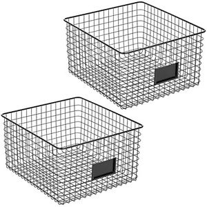 image:imagemDesign Wide Metal Farmhouse Storage Organizer Bin Baskets with Label Slot for Closet Cabinet Cupboard  Wire Organizing Basket Holds Clothing Linens Shoes Omaha Collection 2 Pack Matte Black